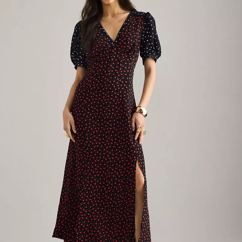 Maeve Black V-neck A-line Dress with Red Heart Motif and Puff Polka-Dot Sleeves